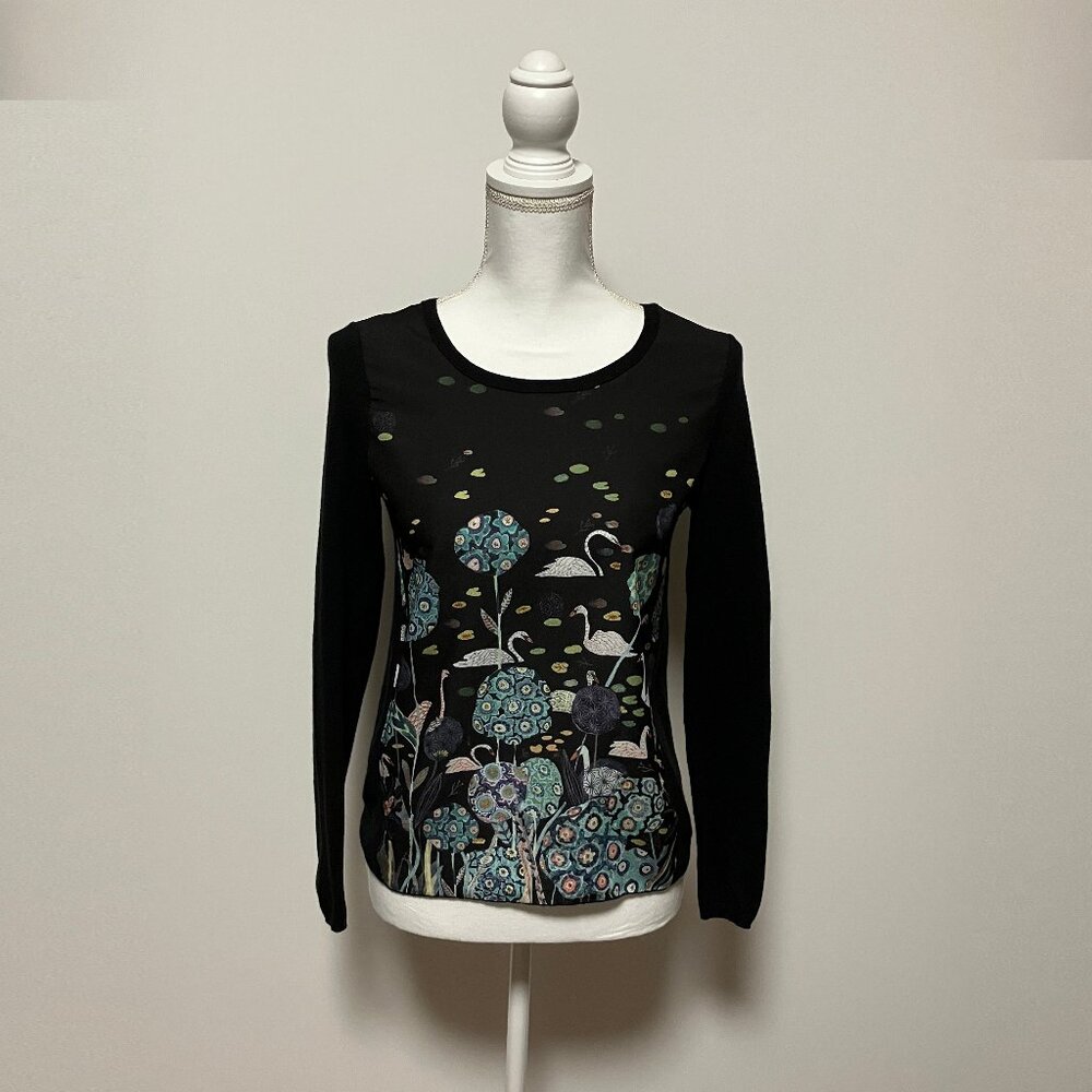 Michelle Morin Anthropologie Swan Art Long Sleeve Black Top, Size XS